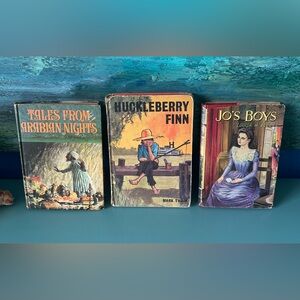 3 Vintage Hardback Children’s Books Huckleberry Finn, Jo’S Boys & Arabian Nights